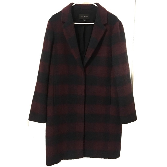 Ann Taylor Jackets & Blazers - Ann Taylor Long Wool Coat Maroon Navy Check Plaid